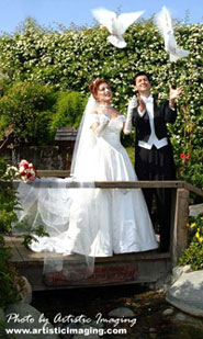bride and groom release two white doves